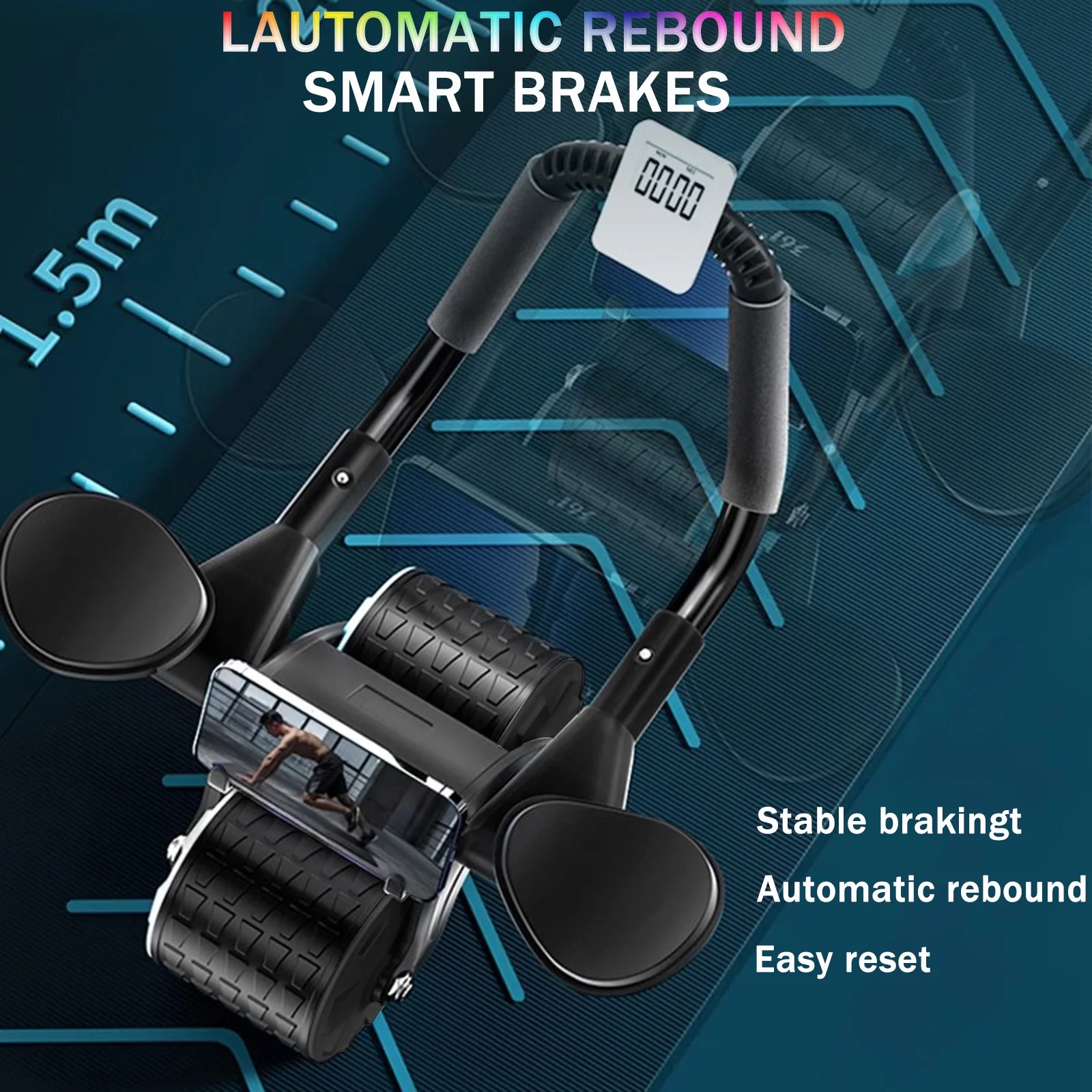 2025 New with Timer Ab Abdominal Exercise Roller Elbow Support, Abs Roller Wheel Core Exercise Equipment, Automatic Rebound Abdominal Wheel(Black) - Image 3